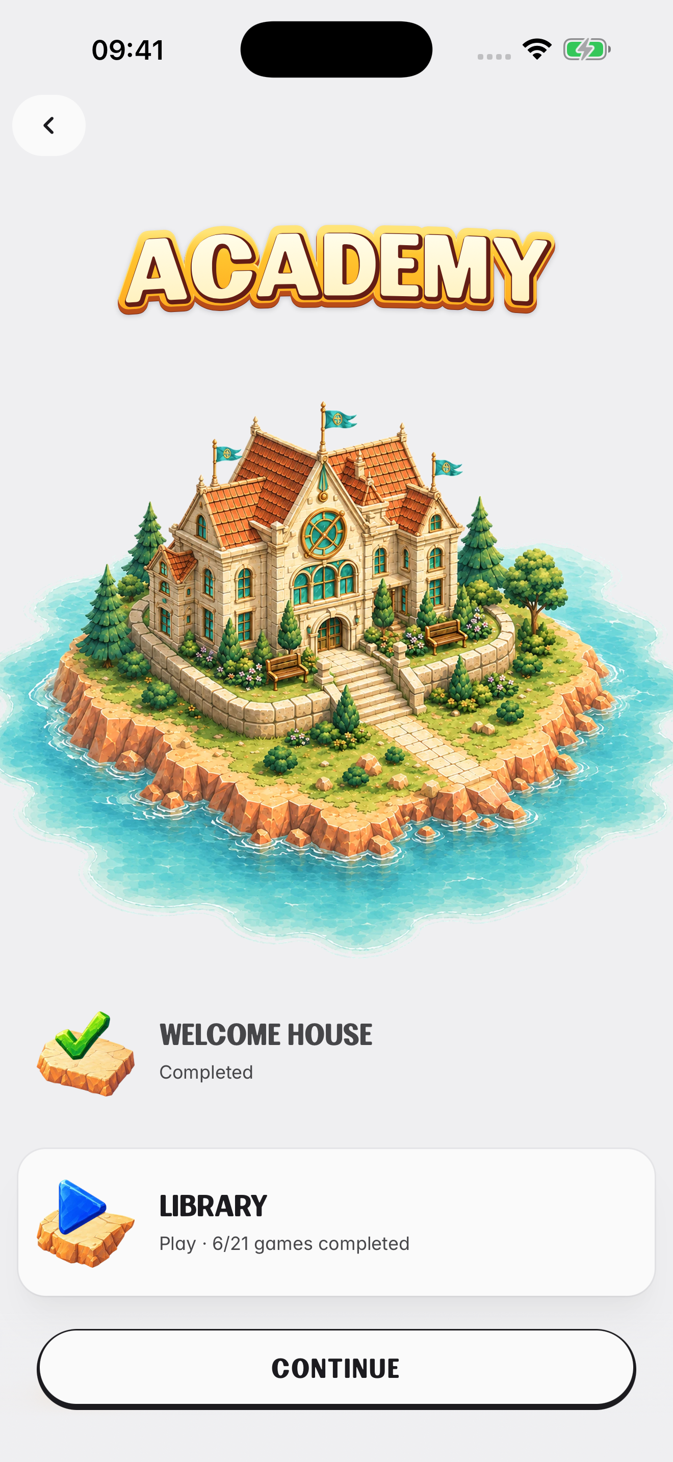 Academy chapter progress: Welcome House completed and Library in progress, with a Continue button.