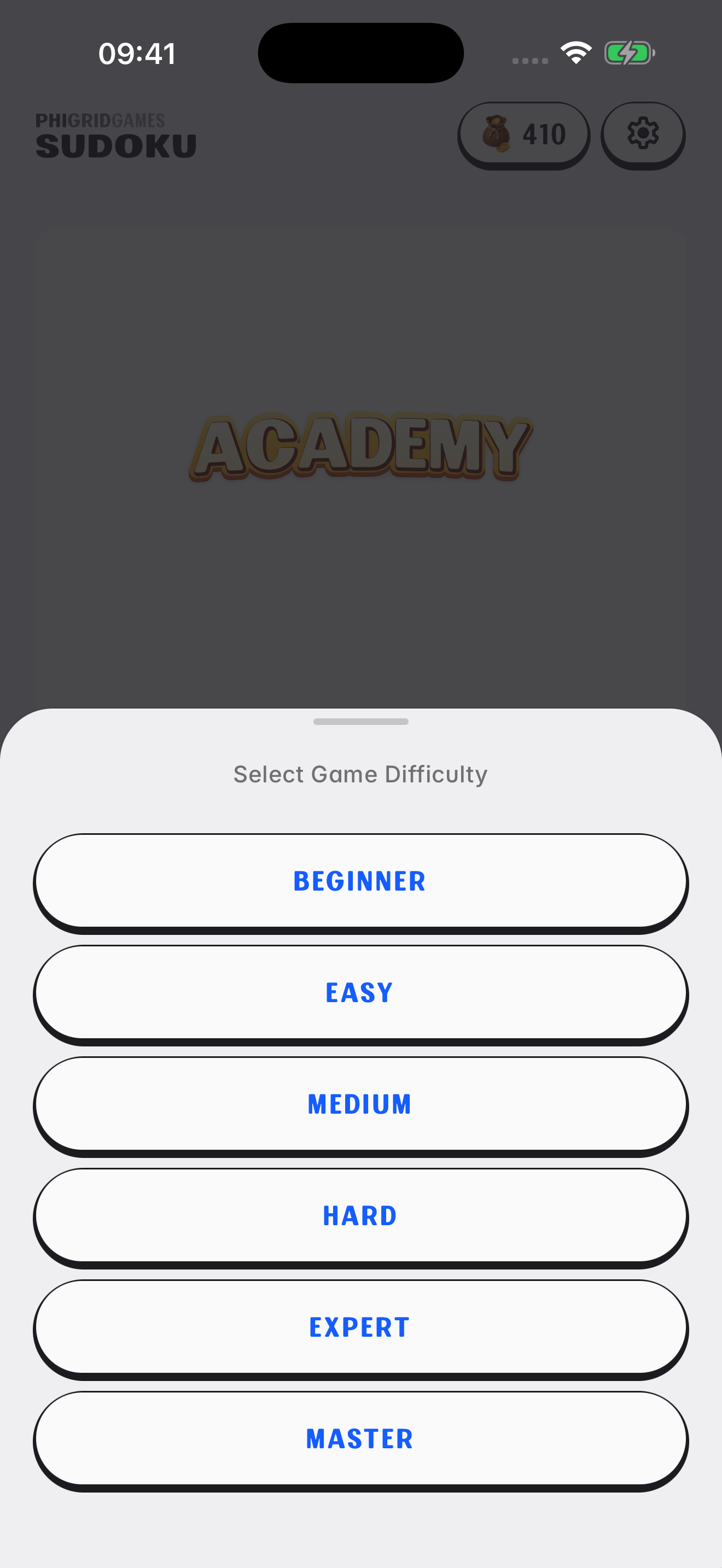 The six Classic difficulty choices: Beginner, Easy, Medium, Hard, Expert and Master.