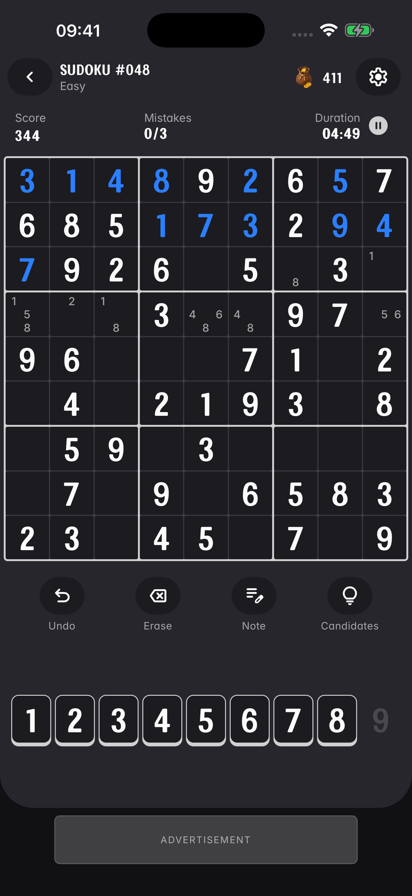 PhiGrid Sudoku in dark mode, with a highlighted grid and game controls.