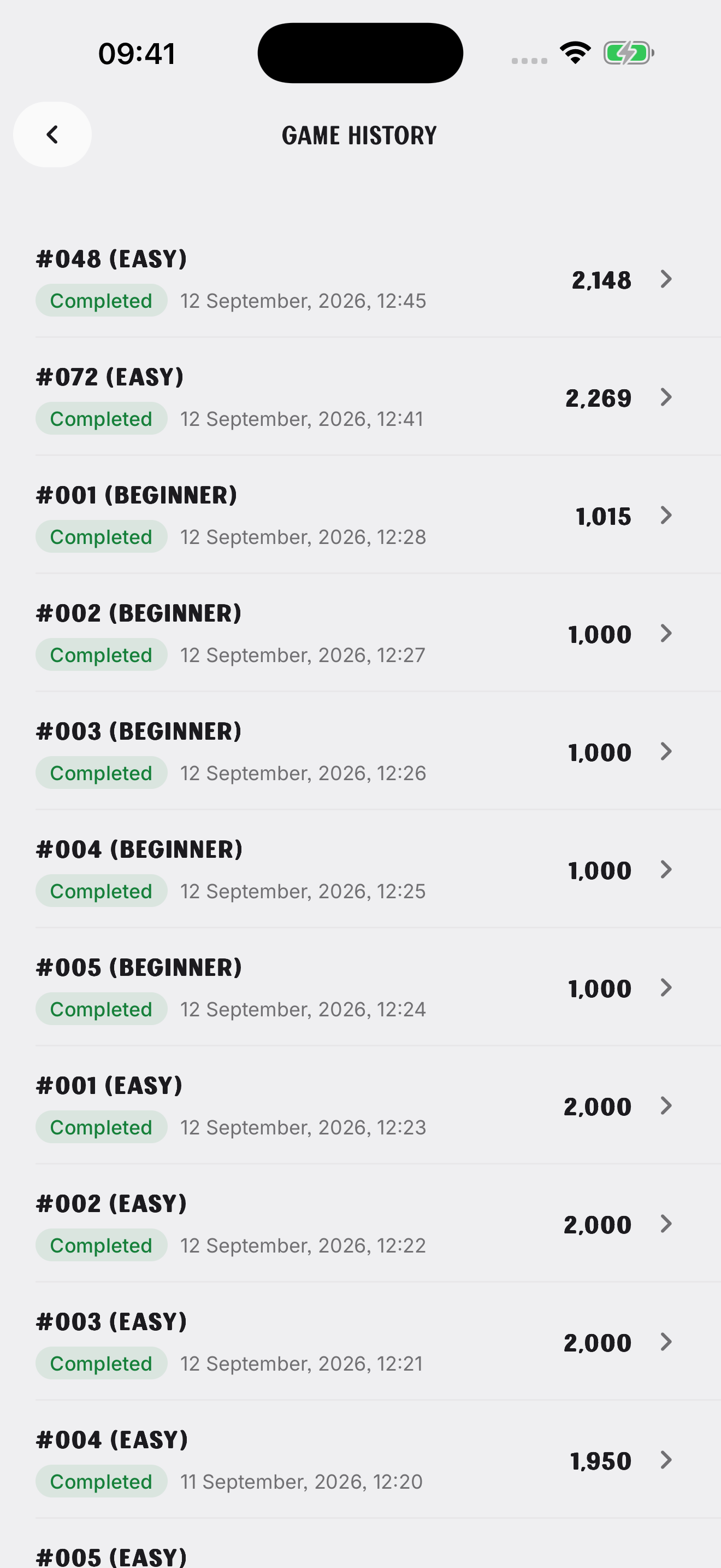 Game History listing completed Sudoku puzzles with their difficulty, date and score.