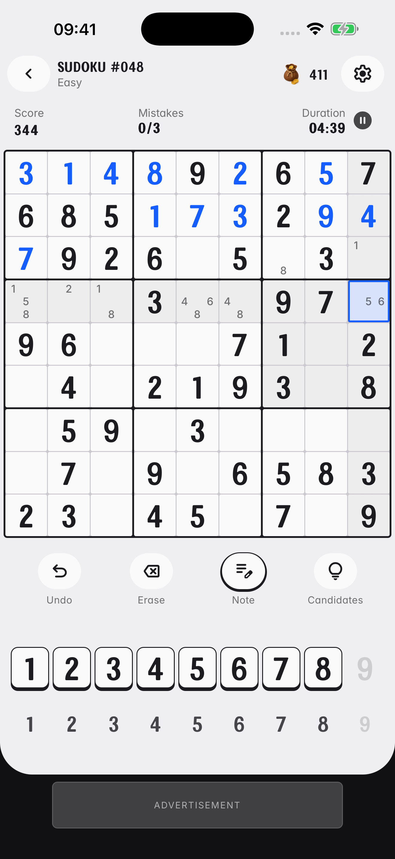 A Sudoku grid with pencil notes, highlighted candidates, and Undo, Erase, Note and Candidates controls.