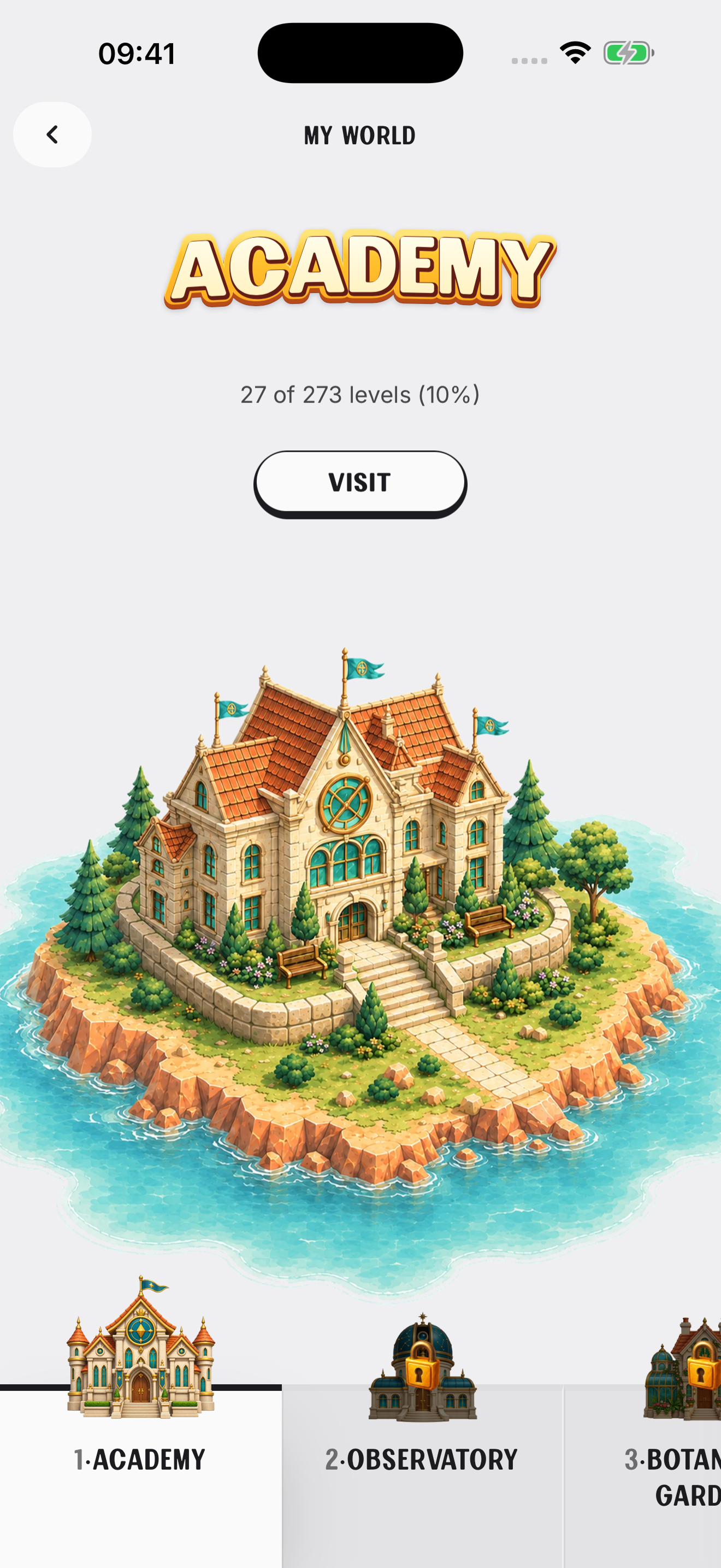 PhiGrid My World with the Academy island and chapter progress.